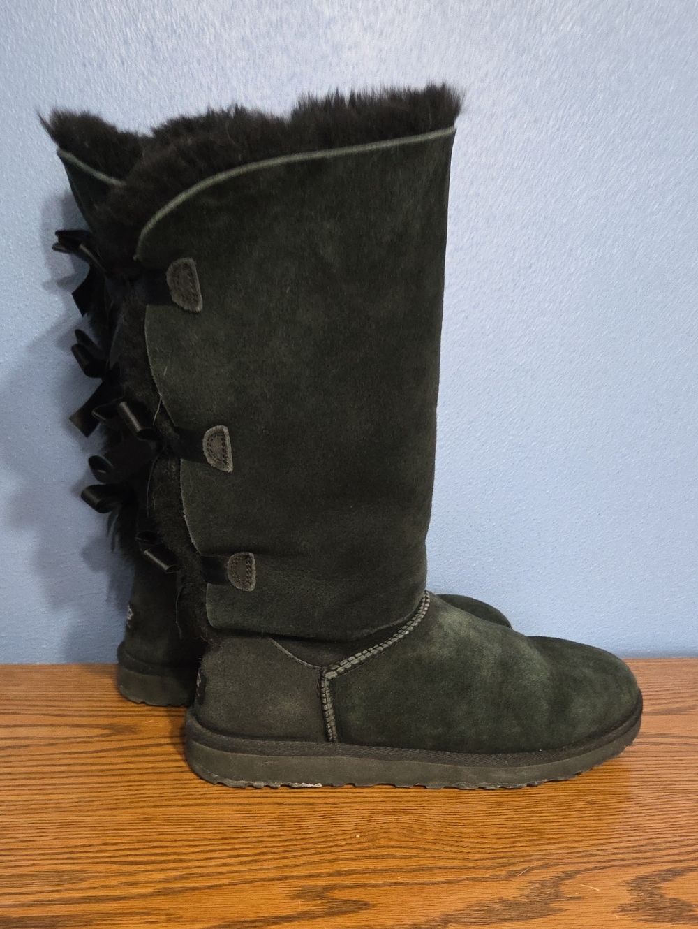 UGG Women's Tall Suede Boot with Fur Trim and Bows - Black